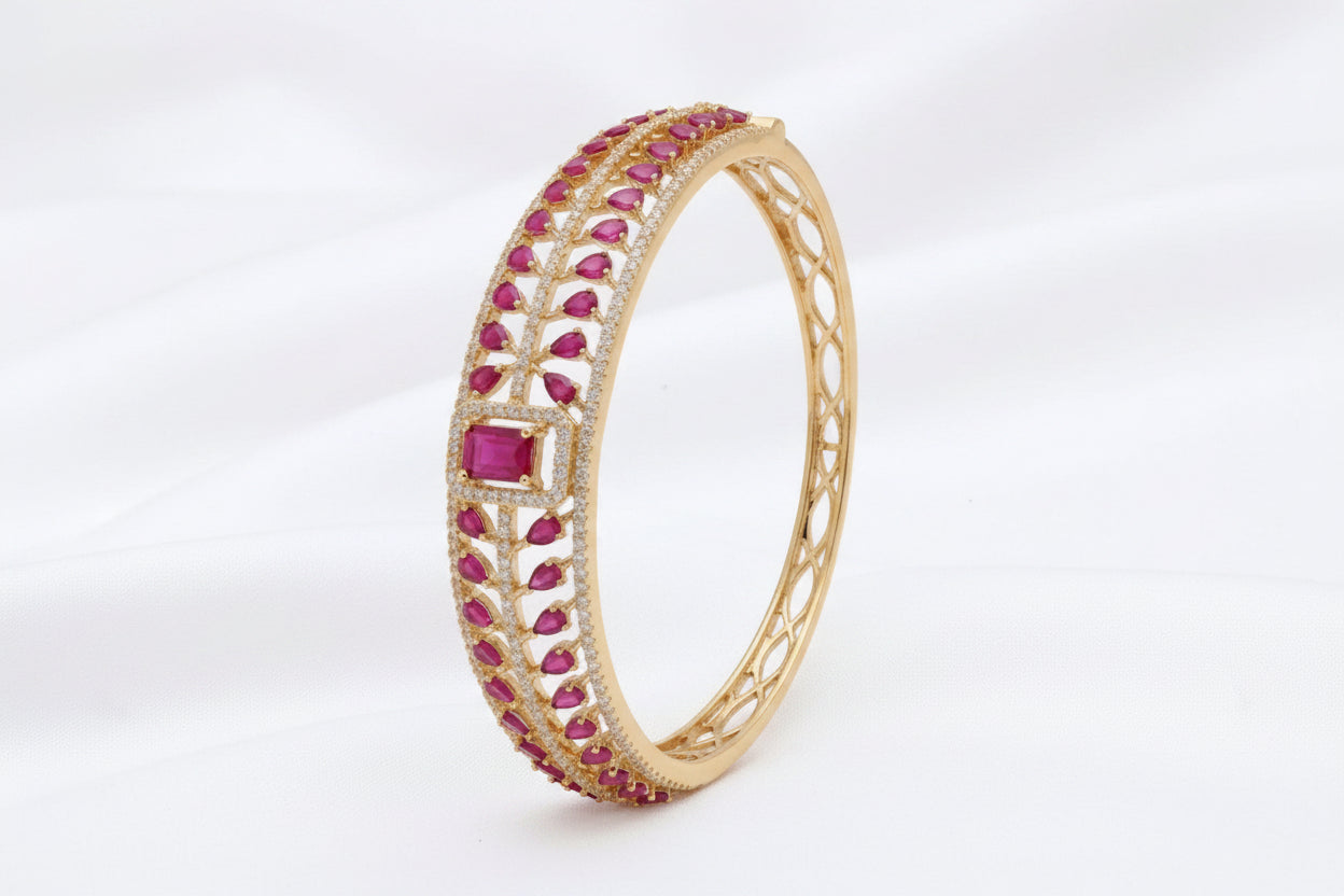 Gold Plated Emerald & Ruby Zircon Designer Bangle for Women | Premium Stone Bracelet | Bridal & Party Wear