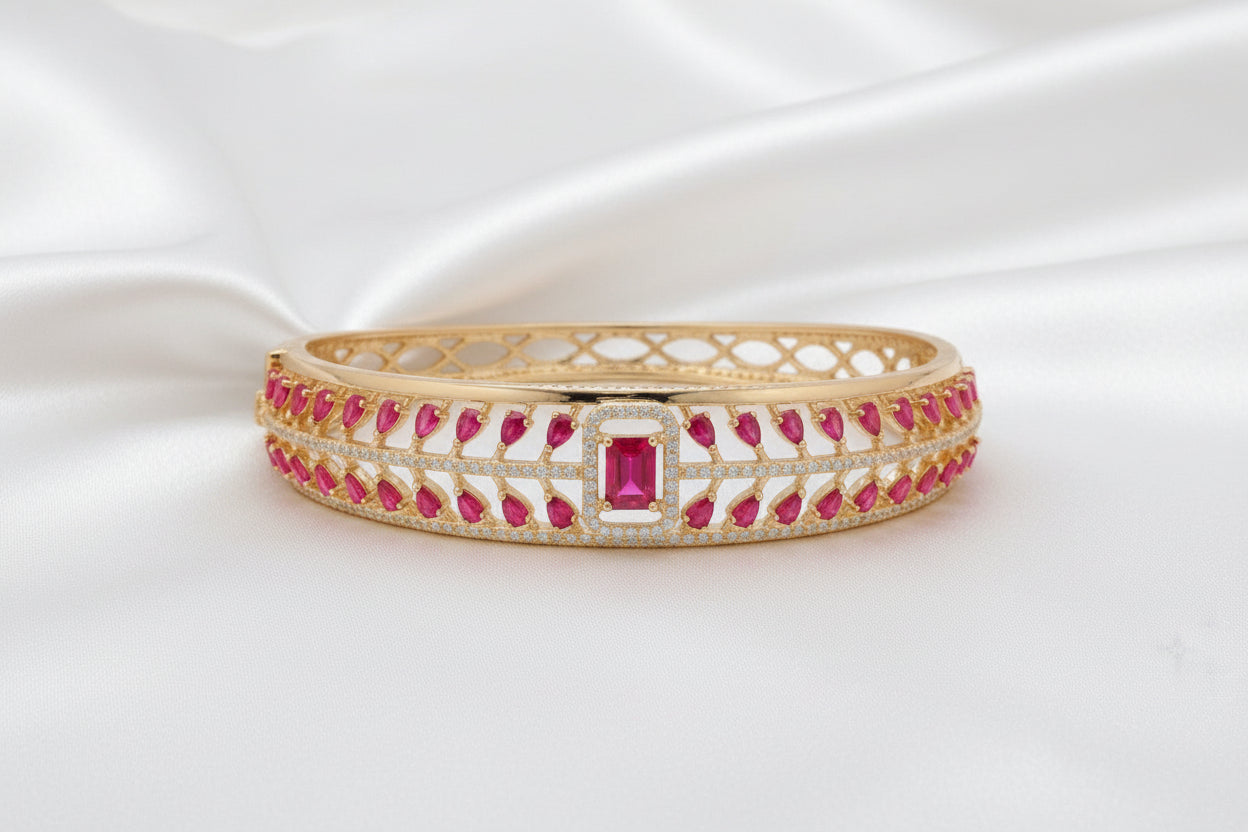 Gold Plated Emerald & Ruby Zircon Designer Bangle for Women | Premium Stone Bracelet | Bridal & Party Wear