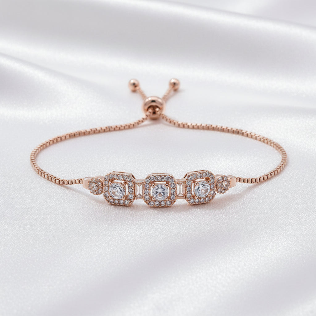 Adjustable Triple Halo Zircon Bracelet for Women | 💗 Rose Gold  💛 Gold Slider Chain Bracelet | Elegant Crystal Jewelry