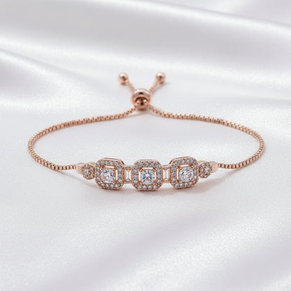 Adjustable Triple Halo Zircon Bracelet for Women | 💗 Rose Gold  💛 Gold Slider Chain Bracelet | Elegant Crystal Jewelry