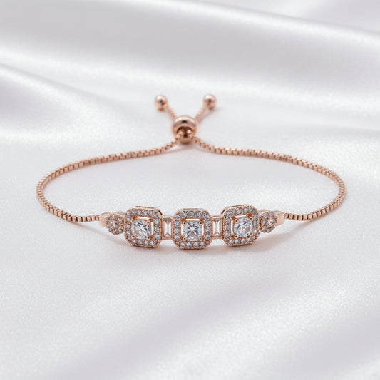 Adjustable Triple Halo Zircon Bracelet for Women | 💗 Rose Gold  💛 Gold Slider Chain Bracelet | Elegant Crystal Jewelry