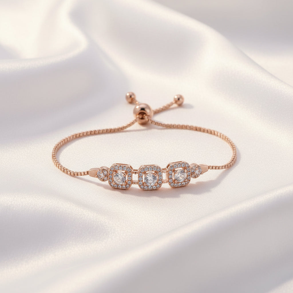 Adjustable Triple Halo Zircon Bracelet for Women | 💗 Rose Gold  💛 Gold Slider Chain Bracelet | Elegant Crystal Jewelry