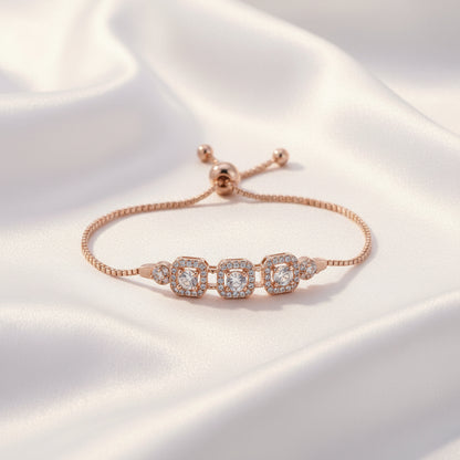 Adjustable Triple Halo Zircon Bracelet for Women | 💗 Rose Gold  💛 Gold Slider Chain Bracelet | Elegant Crystal Jewelry
