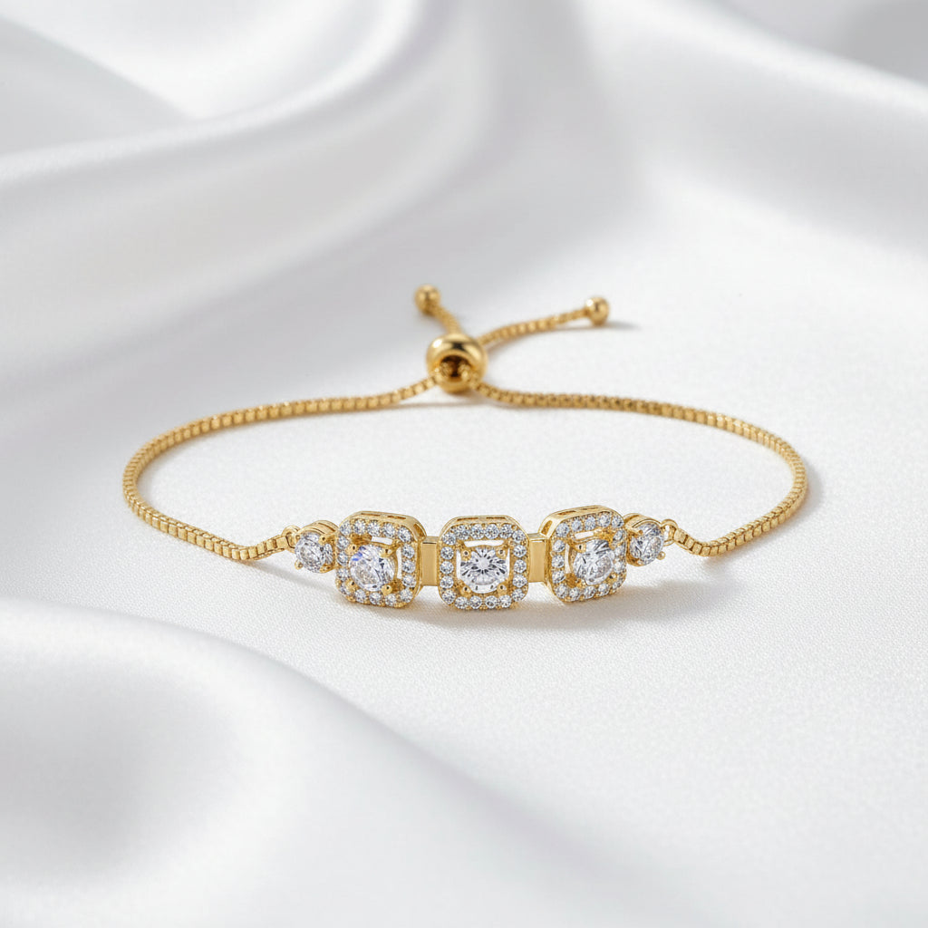 Adjustable Triple Halo Zircon Bracelet for Women | 💗 Rose Gold  💛 Gold Slider Chain Bracelet | Elegant Crystal Jewelry