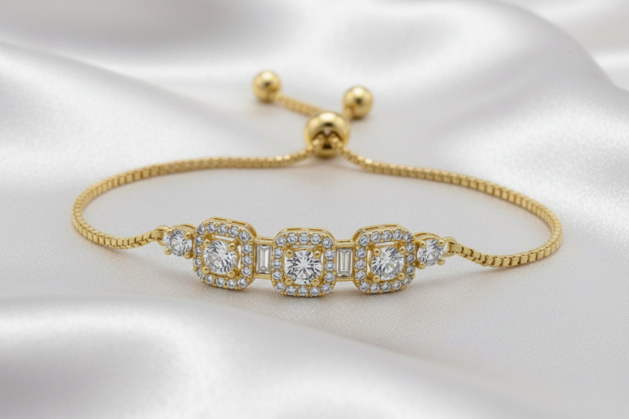 Adjustable Triple Halo Zircon Bracelet for Women | 💗 Rose Gold  💛 Gold Slider Chain Bracelet | Elegant Crystal Jewelry