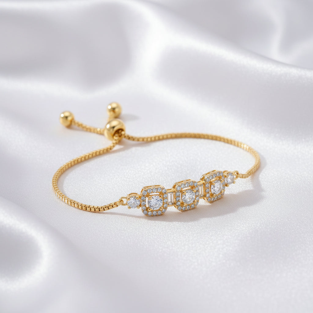 Adjustable Triple Halo Zircon Bracelet for Women | 💗 Rose Gold  💛 Gold Slider Chain Bracelet | Elegant Crystal Jewelry