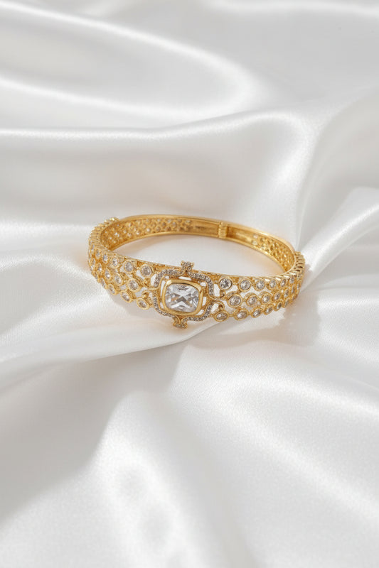 Gold Plated Zircon Tennis Bangle Bracelet for Women | Oval Crystal Center Bracelet | Luxury Party Wear