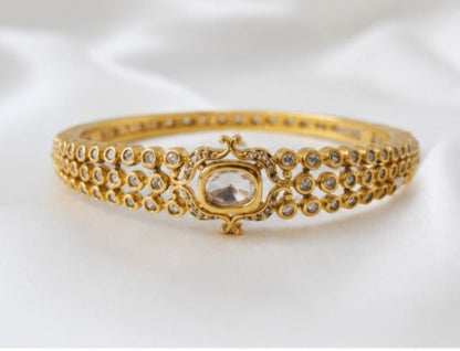 Gold Plated Zircon Tennis Bangle Bracelet for Women | Oval Crystal Center Bracelet | Luxury Party Wear