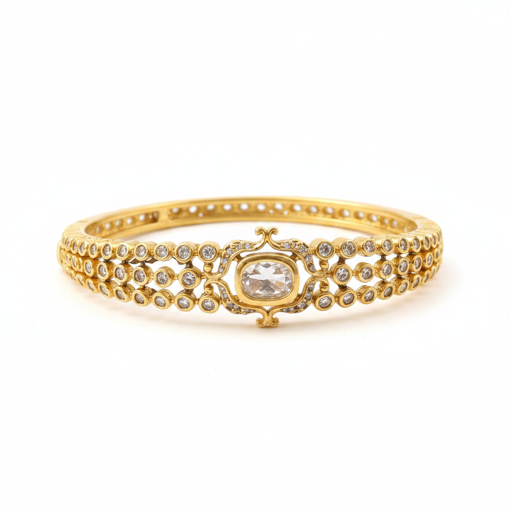 Gold Plated Zircon Tennis Bangle Bracelet for Women | Oval Crystal Center Bracelet | Luxury Party Wear