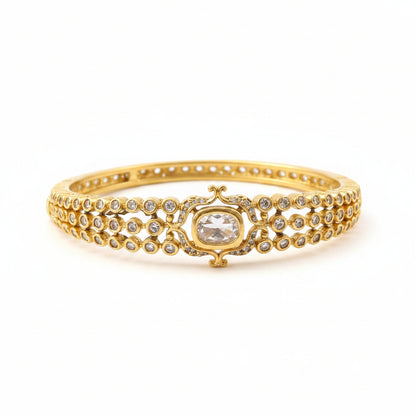 Gold Plated Zircon Tennis Bangle Bracelet for Women | Oval Crystal Center Bracelet | Luxury Party Wear