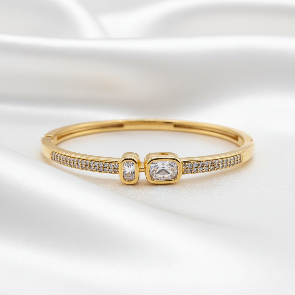 Gold Plated Zircon Cuff Bangle for Women | Minimalist Crystal Bracelet | Elegant Hinged Bracelet