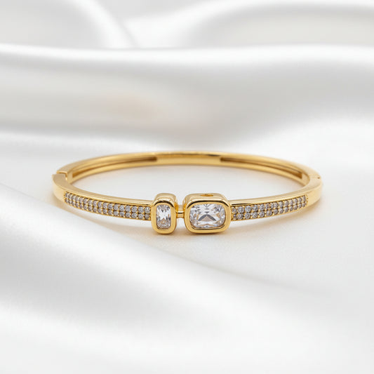 Gold Plated Zircon Cuff Bangle for Women | Minimalist Crystal Bracelet | Elegant Hinged Bracelet