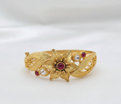 22K Gold Plated Antique Floral Kada Bracelet with Ruby & White CZ Stones