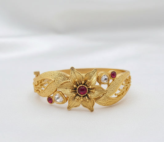 22K Gold Plated Antique Floral Kada Bracelet with Ruby & White CZ Stones