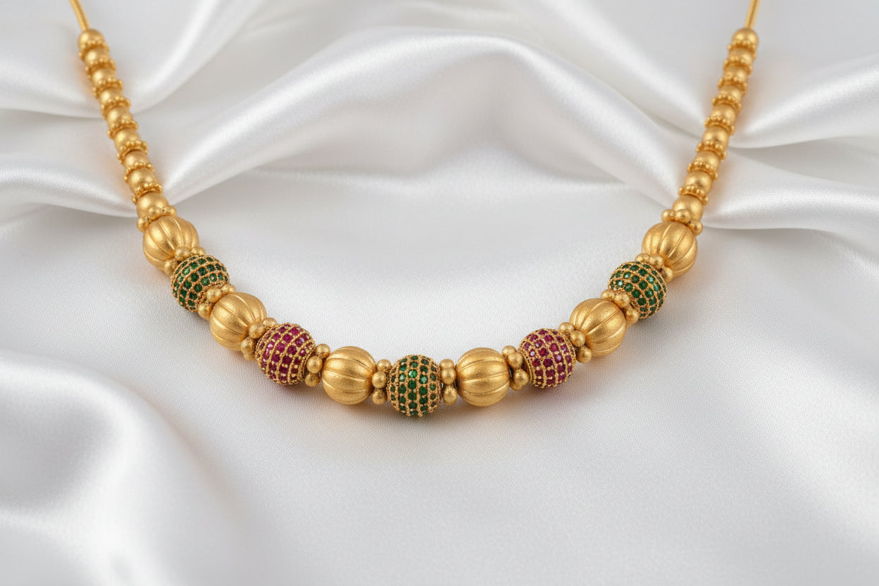Matte Gold Plated Ribbed Bead Ball Mala Necklace
