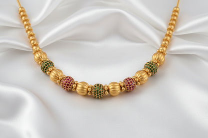 Matte Gold Plated Ribbed Bead Ball Mala Necklace