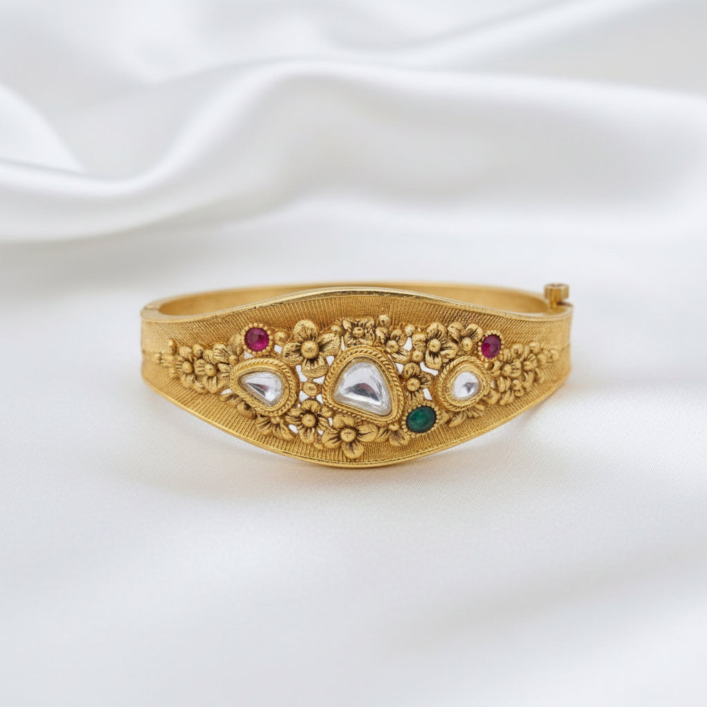 Traditional Gold-Tone Floral Kada Bangle with Kundan & Multi-Color Stone Accents