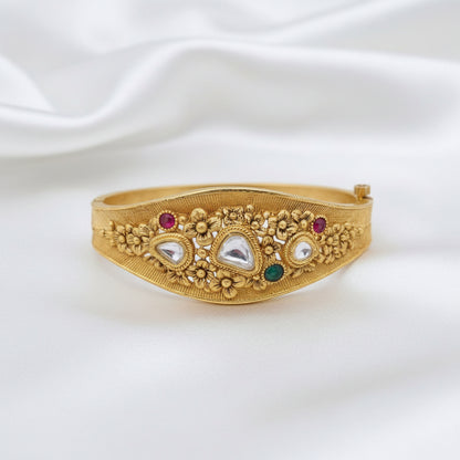 Traditional Gold-Tone Floral Kada Bangle with Kundan & Multi-Color Stone Accents