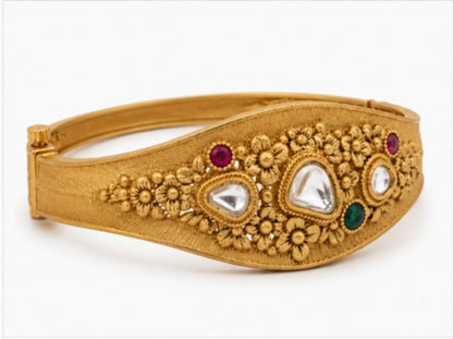 Traditional Gold-Tone Floral Kada Bangle with Kundan & Multi-Color Stone Accents