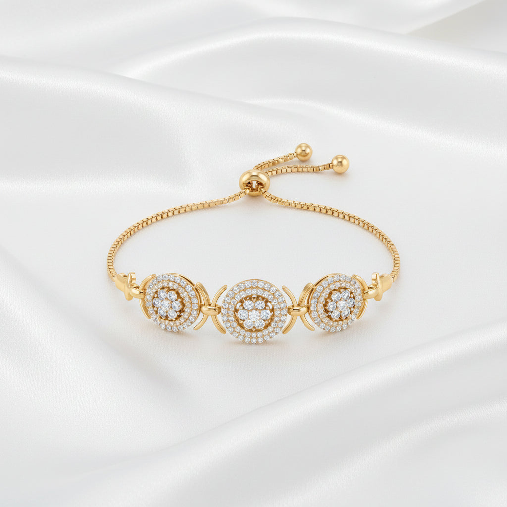 Luxury Round Halo Adjustable Bracelet – Gold & Rose Gold CZ Bracelet for Women