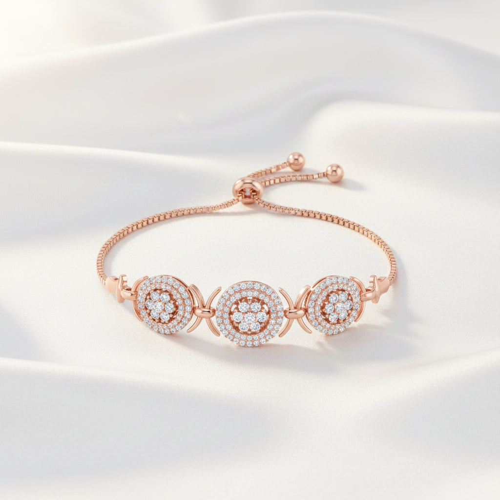 Luxury Round Halo Adjustable Bracelet – Gold & Rose Gold CZ Bracelet for Women