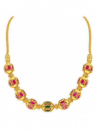 Elegant Gold-Plated Pink & Green Stone Beaded Necklace