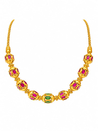 Elegant Gold-Plated Pink & Green Stone Beaded Necklace