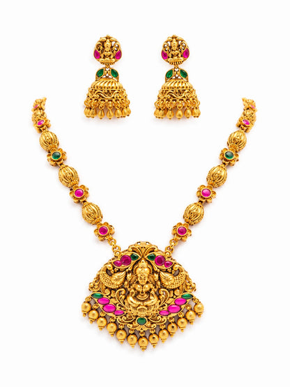Traditional Goddess Lakshmi Gold-Tone Necklace & Jhumka Set