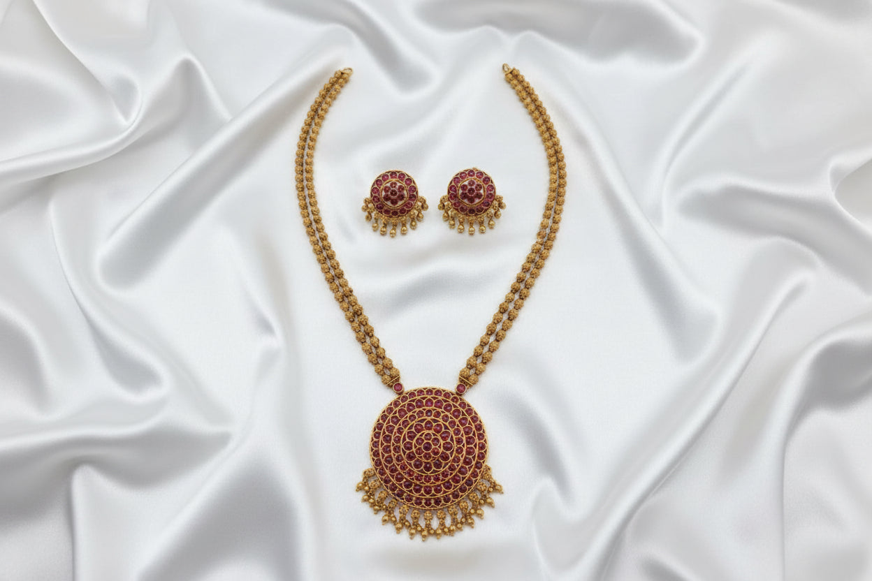 Double -Layer Traditional Ruby Gold-Tone Necklace & Earrings Set | Statement Bridal Jewelry