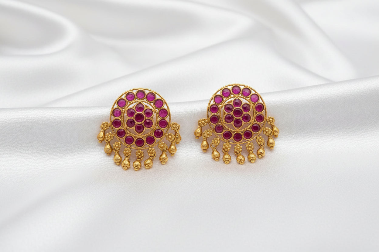 Double -Layer Traditional Ruby Gold-Tone Necklace & Earrings Set | Statement Bridal Jewelry