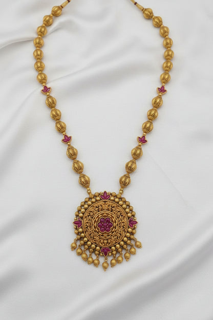 Traditional Gold-Tone Temple Necklace Set with Matching Jhumka Earrings – Magenta Stone Design