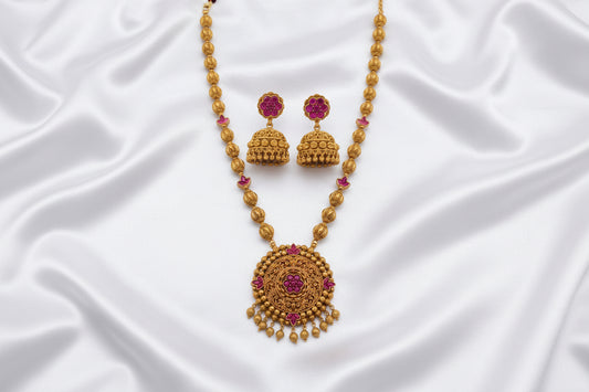 Traditional Gold-Tone Temple Necklace Set with Matching Jhumka Earrings – Magenta Stone Design