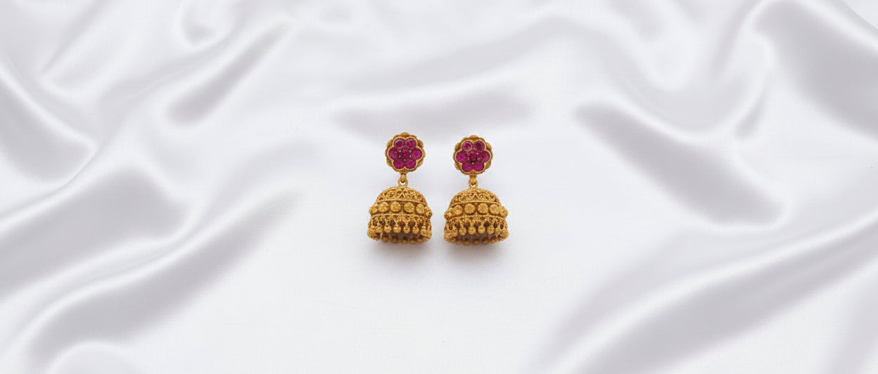 Traditional Gold-Tone Temple Necklace Set with Matching Jhumka Earrings – Magenta Stone Design