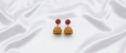 Traditional Gold-Tone Temple Necklace Set with Matching Jhumka Earrings – Magenta Stone Design