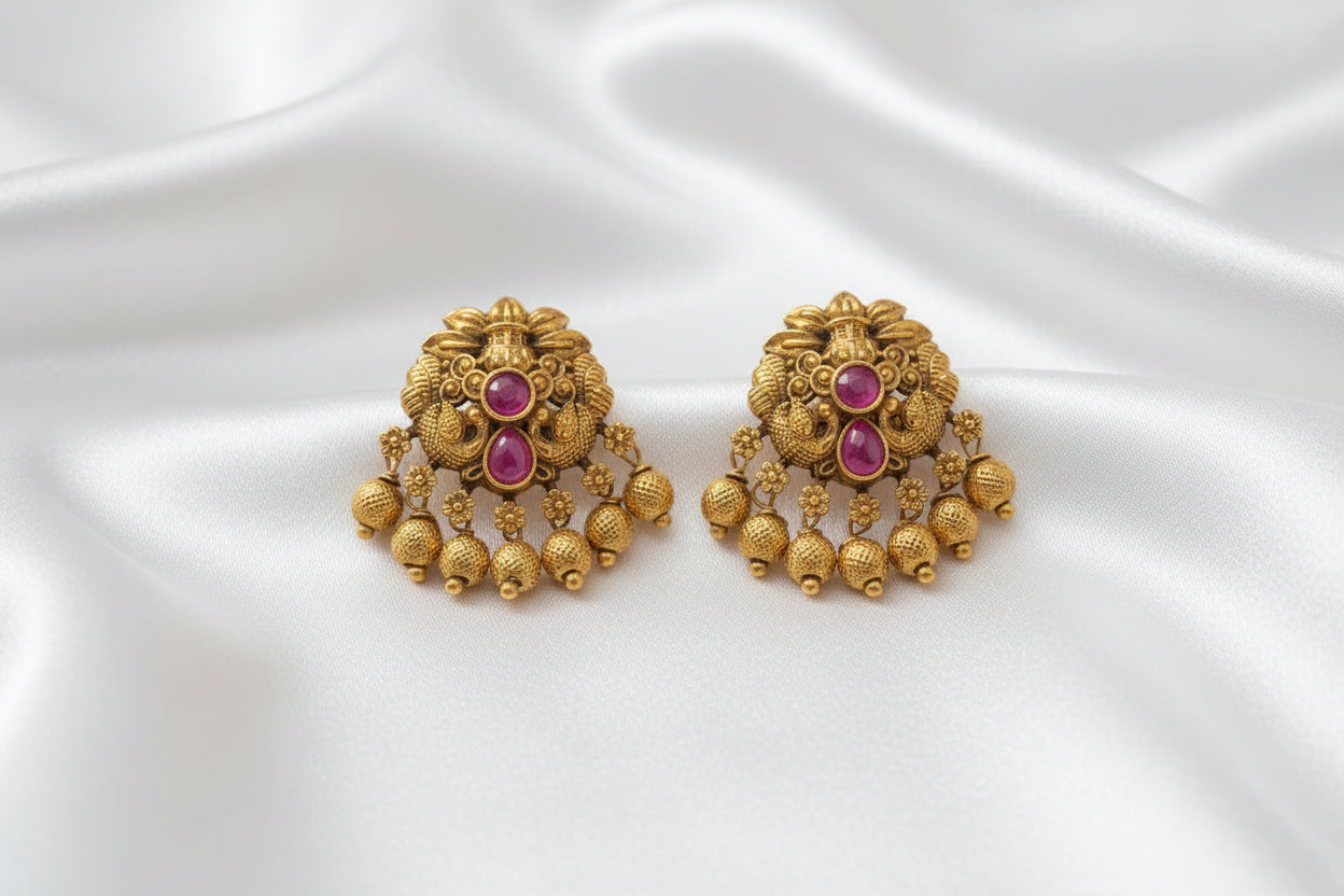 Traditional Gold-Tone Double Layer  Ruby Necklace & Earrings Set | Temple-Inspired Bridal Jewelry