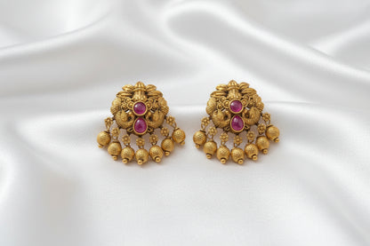 Traditional Gold-Tone Double Layer  Ruby Necklace & Earrings Set | Temple-Inspired Bridal Jewelry
