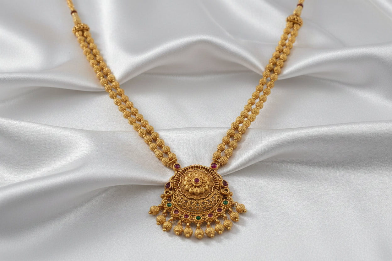Antique  Double -layer Gold Plated Long Necklace Set with Floral Pendant & Matching Earrings