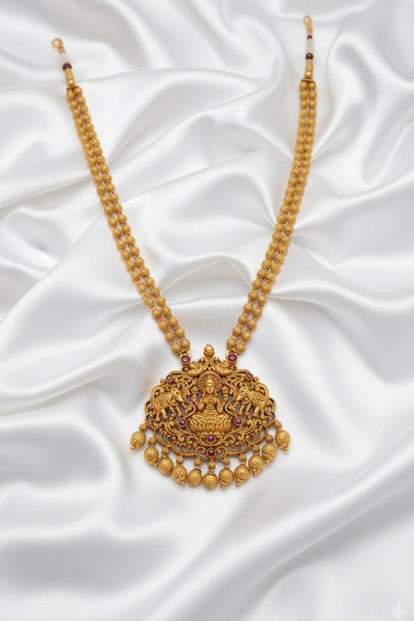Traditional Temple Gold-Tone Necklace Set with Jhumka Earrings | Ruby & Green Stone Bridal Jewelry