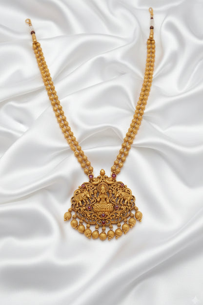 Traditional Temple Gold-Tone Necklace Set with Jhumka Earrings | Ruby & Green Stone Bridal Jewelry