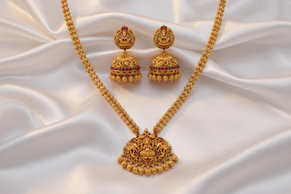 Traditional Temple Gold-Tone Necklace Set with Jhumka Earrings | Ruby & Green Stone Bridal Jewelry
