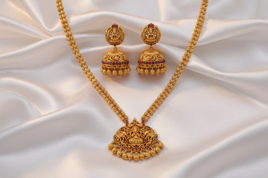 Traditional Temple Gold-Tone Necklace Set with Jhumka Earrings | Ruby & Green Stone Bridal Jewelry