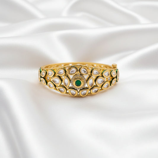 Traditional Gold-Tone Kundan Bangles | Green & Ruby Stone Designer Kada Bangle