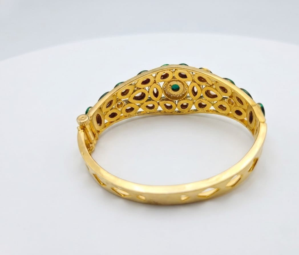 Traditional Gold-Tone Kundan Bangles | Green & Ruby Stone Designer Kada Bangle