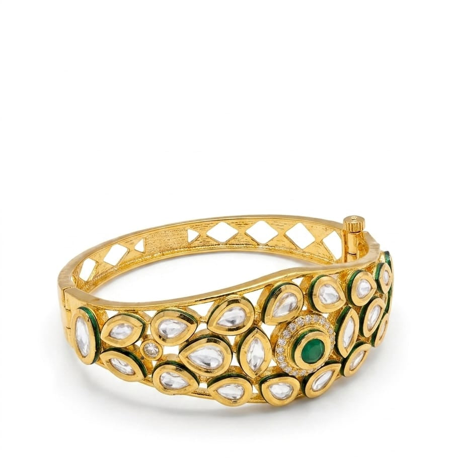 Traditional Gold-Tone Kundan Bangles | Green & Ruby Stone Designer Kada Bangle
