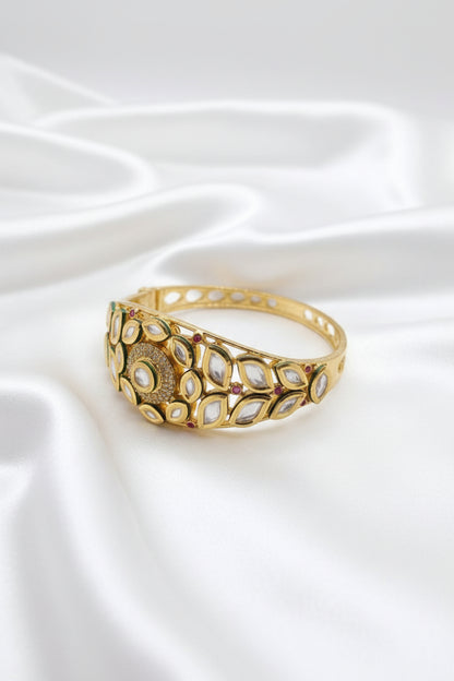 Traditional Gold-Tone Kundan Bangles | Green & Ruby Stone Designer Kada Bangle