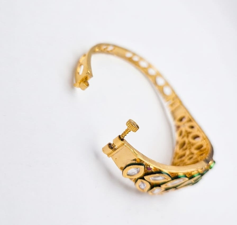 Traditional Gold-Tone Kundan Bangles | Green & Ruby Stone Designer Kada Bangle