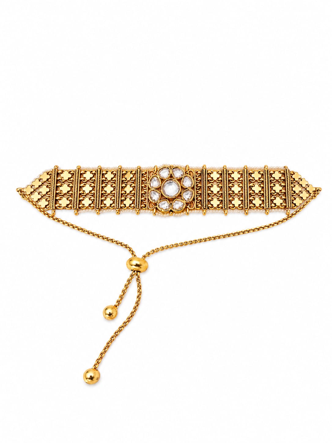 Antique Gold 💛Tone Designer Bracelet | Floral Pattern Bracelet with White Stone Centerpiece