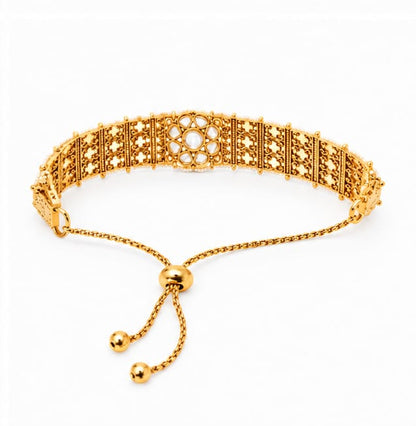 Antique Gold 💛Tone Designer Bracelet | Floral Pattern Bracelet with White Stone Centerpiece