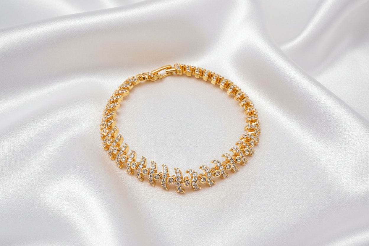 Elegant Gold-Plated CZ Bracelet | Designer Stone Bracelet for Women