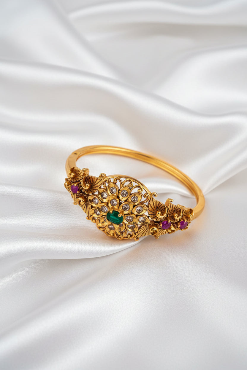 Antique Gold Tone Designer Bangle with Green & Pink Stones | Floral CZ Bangle for Women